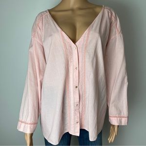 Zara Pale Pink Embroidered Button Front V-Neck Top